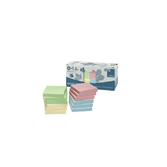 Jegyzettömb öntapadó, 75x75mm, 12x100lap, újrahasznosított Info Notes, sárga, zöld, kék, rózsaszín