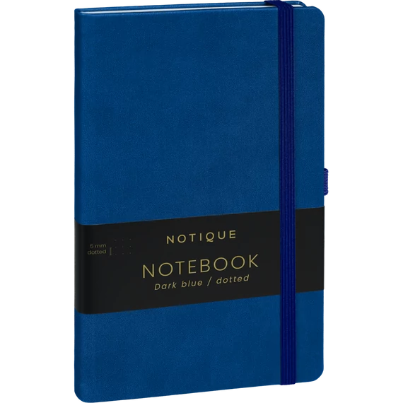 Keménytáblás notesz pontozott vonalozással krémszínű lapokkal leszorító szalaggal Dark blue 130x210mm, Presco