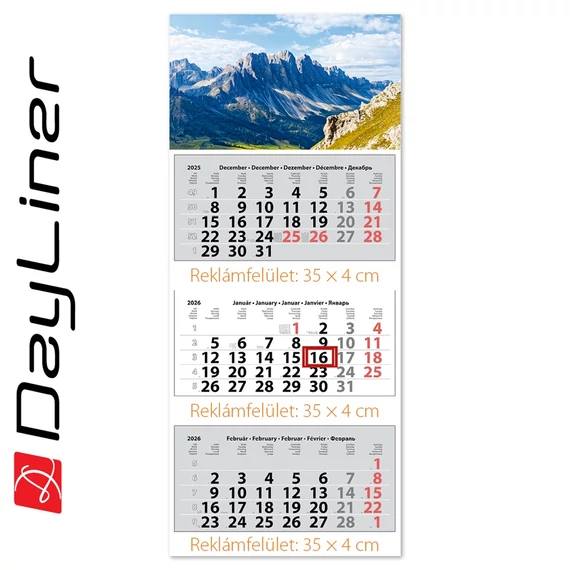 Speditőr naptár 3 tömb, 3 hónap Maxi Classic 350 × 820 mm, fehér lapokkal Hegy Dayliner 2026.