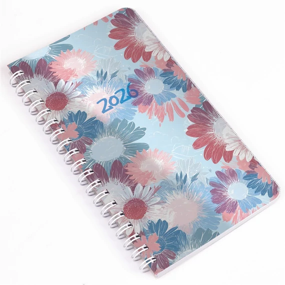 Zsebnaptár álló spirálozott SP2 heti fehér lapokkal virágok Realsystem 2026.